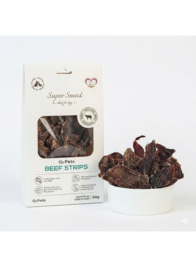 O2Pets Dog and Puppy Beef Strips Natural Treats – 100% Pure Beef Muscle Meat Jerky – High Protein & Grain-Free Reward for Sensitive Stomachs, Muscle Support & Dental Care 50g - Image 1